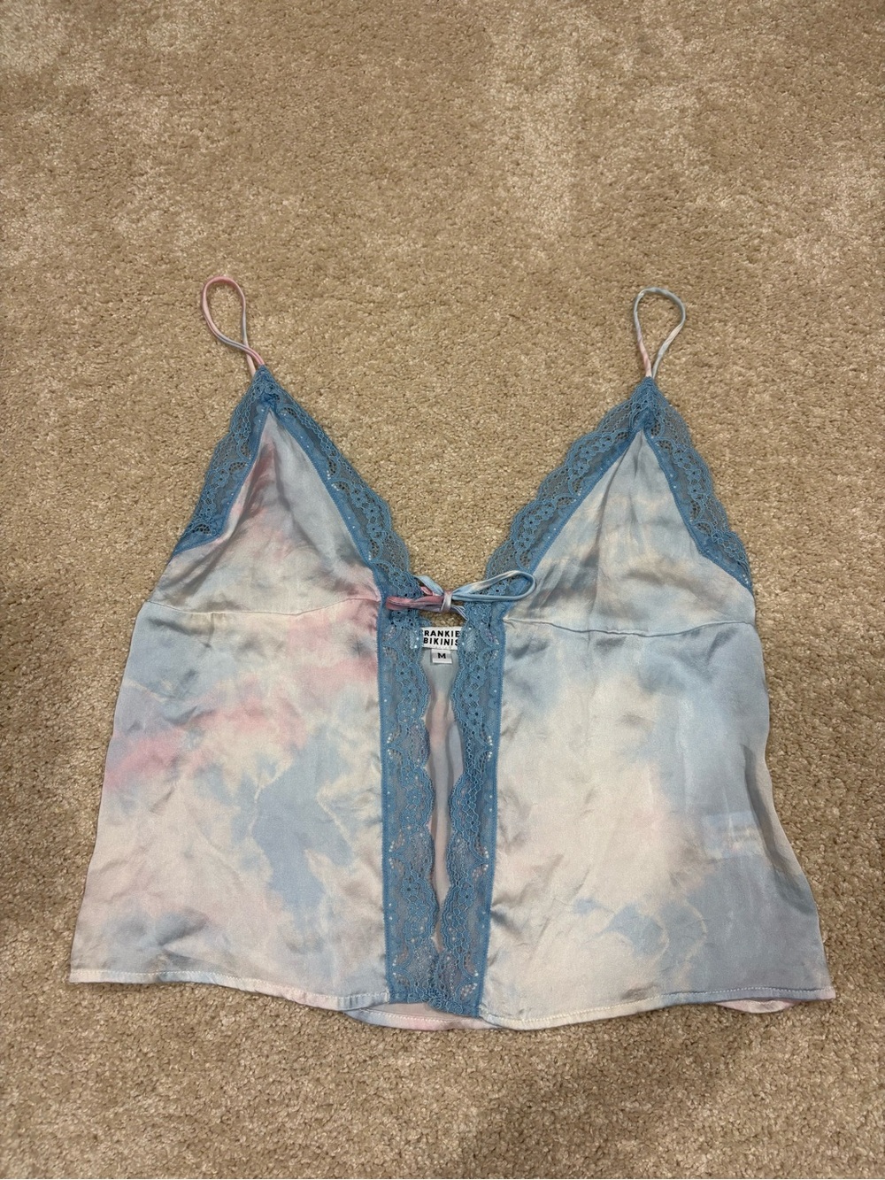 Frankie's Bikinis Blue Tie-Dye Lace Trim Cami